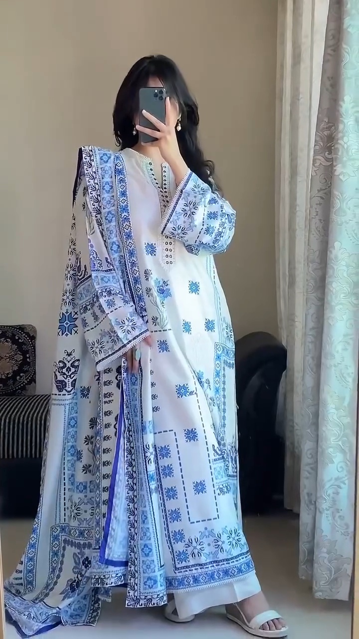 Pakistani Inspired SWISS LAWN 3-piece ⭐️⭐️( white & sky blue )